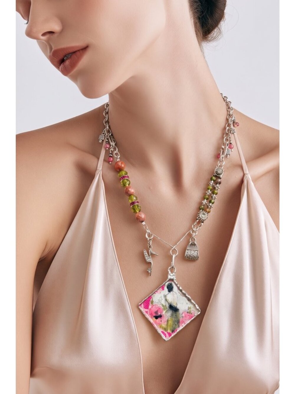 Parisian Muse Tiny Canvas Necklace with Unakite & Pink Jasper | Alma Antigua - Picture 4 of 15